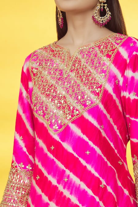 Shop_Surbhi Shah_Pink Silk, Organza Embroidery Round Neck Leheriya Pattern Kurta Sharara Set _Online_at_Aza_Fashions