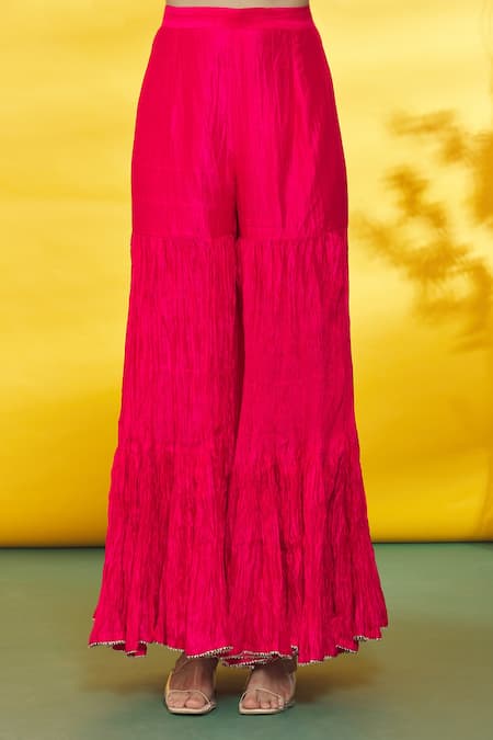 Surbhi Shah_Pink Silk, Organza Embroidery Round Neck Leheriya Pattern Kurta Sharara Set _at_Aza_Fashions