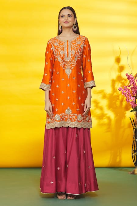Surbhi Shah_Orange Silk, Organza Embroidery Round Neck Floral Kurta Sharara Set _at_Aza_Fashions