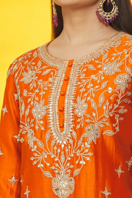 Surbhi Shah_Orange Silk, Organza Embroidery Round Neck Floral Kurta Sharara Set _Online_at_Aza_Fashions