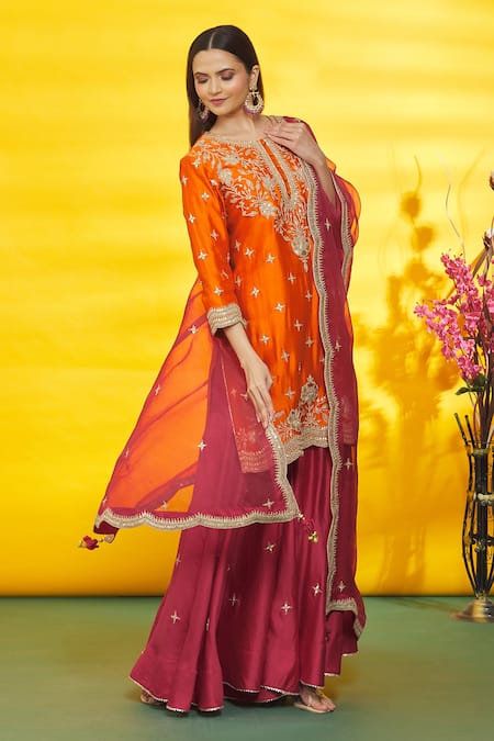 Buy_Surbhi Shah_Orange Silk, Organza Embroidery Round Neck Floral Kurta Sharara Set _Online_at_Aza_Fashions
