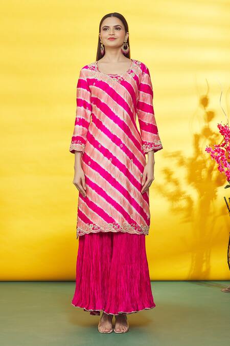 Surbhi Shah_Pink Silk, Organza Embroidery Leheriya Pattern Embellished Kurta Sharara Set _Online_at_Aza_Fashions