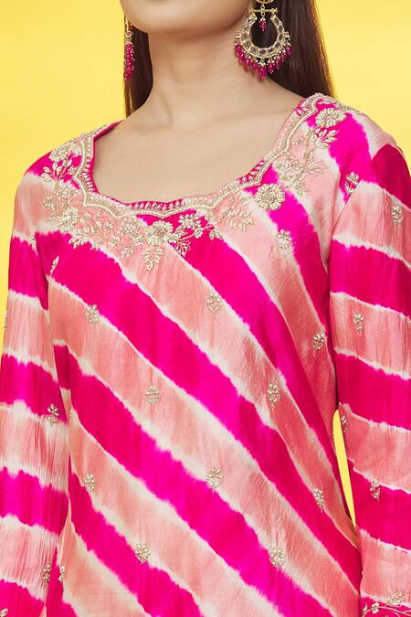 Buy_Surbhi Shah_Pink Silk, Organza Embroidery Leheriya Pattern Embellished Kurta Sharara Set _Online_at_Aza_Fashions