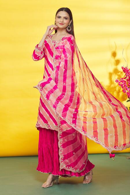 Shop_Surbhi Shah_Pink Silk, Organza Embroidery Leheriya Pattern Embellished Kurta Sharara Set _Online_at_Aza_Fashions