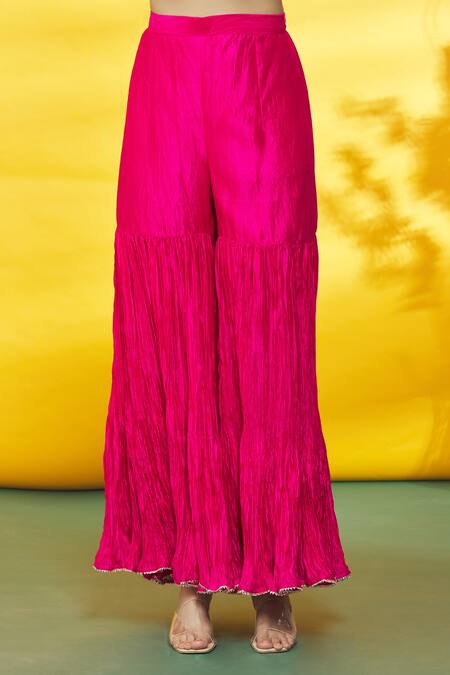 Surbhi Shah_Pink Silk, Organza Embroidery Leheriya Pattern Embellished Kurta Sharara Set _at_Aza_Fashions