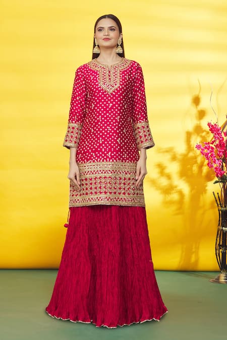 Surbhi Shah_Maroon Silk, Organza Embroidery Round Neck Floral Kurta Skirt Set _at_Aza_Fashions