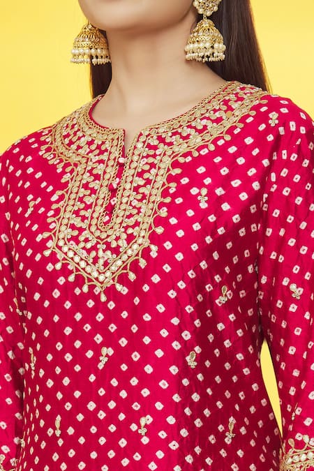 Surbhi Shah_Maroon Silk, Organza Embroidery Round Neck Floral Kurta Skirt Set _Online_at_Aza_Fashions