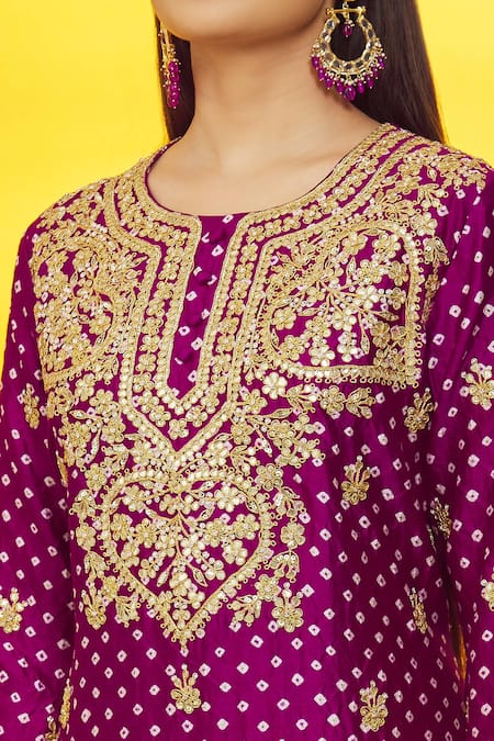 Buy_Surbhi Shah_Magenta Silk, Organza Embroidery Round Neck Bandhej Pattern Kurta Set _Online_at_Aza_Fashions