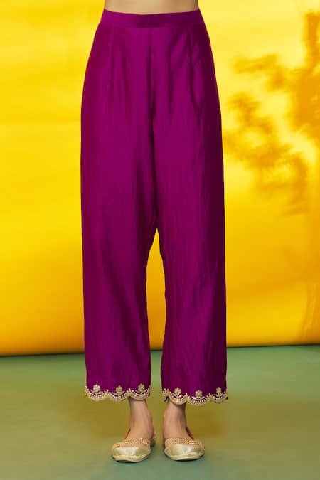 Surbhi Shah_Magenta Silk, Organza Embroidery Round Neck Bandhej Pattern Kurta Set _at_Aza_Fashions