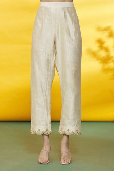 Surbhi Shah_Ivory Silk, Organza Embroidery Round Neck Floral Kurta Pant Set _at_Aza_Fashions