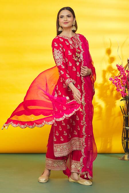 Buy_Surbhi Shah_Red Silk, Organza Embroidery Round Neck Floral Straight Hem Kurta Set _Online_at_Aza_Fashions