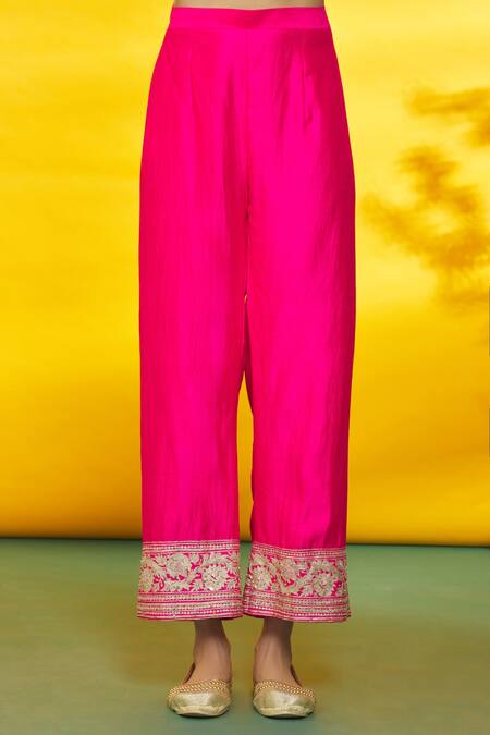 Surbhi Shah_Pink Silk, Organza Embroidery Round Neck Floral Kurta Set _at_Aza_Fashions