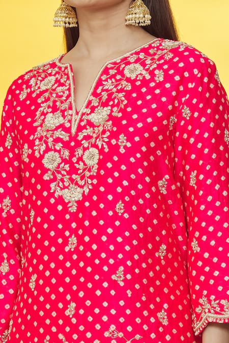 Buy_Surbhi Shah_Red Silk, Organza Embroidery Round Neck Bandhej Pattern Kurta Skirt Set _Online_at_Aza_Fashions