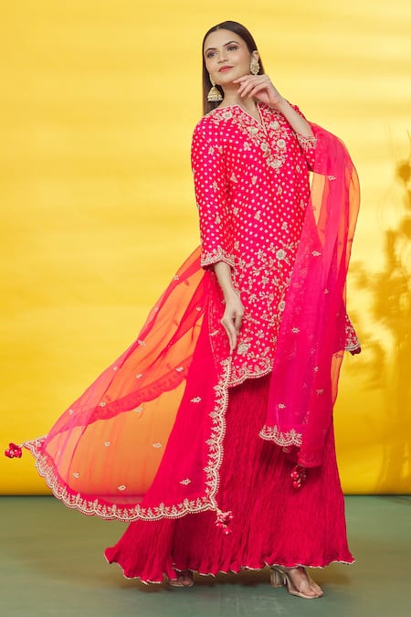 Shop_Surbhi Shah_Red Silk, Organza Embroidery Round Neck Bandhej Pattern Kurta Skirt Set _Online_at_Aza_Fashions