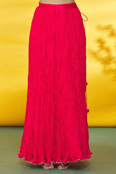 Surbhi Shah_Red Silk, Organza Embroidery Round Neck Bandhej Pattern Kurta Skirt Set _at_Aza_Fashions