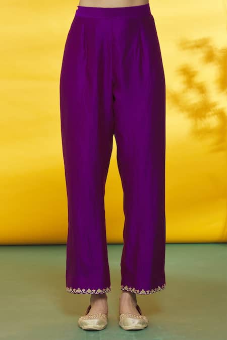 Surbhi Shah_Magenta Silk, Organza Embroidery Round Neck Hem Kurta Pant Set _at_Aza_Fashions