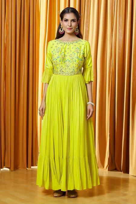 Aariyana Couture_Green Chanderi, Net Embroidery, Beads, Embellished Yoke Anarkali With Dupatta_Online_at_Aza_Fashions