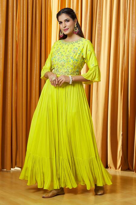 Buy_Aariyana Couture_Green Chanderi, Net Embroidery, Beads, Embellished Yoke Anarkali With Dupatta_Online_at_Aza_Fashions