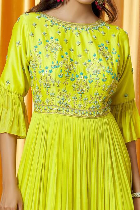 Aariyana Couture_Green Chanderi, Net Embroidery, Beads, Embellished Yoke Anarkali With Dupatta_at_Aza_Fashions