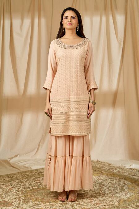 Aariyana Couture_Peach Georgette, Net Sequins, Embroidery Round Neck Kurta Set_Online_at_Aza_Fashions