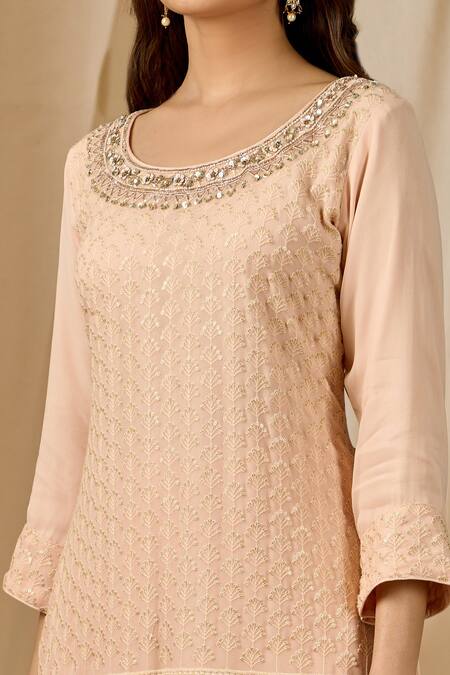 Buy_Aariyana Couture_Peach Georgette, Net Sequins, Embroidery Round Neck Kurta Set_Online_at_Aza_Fashions