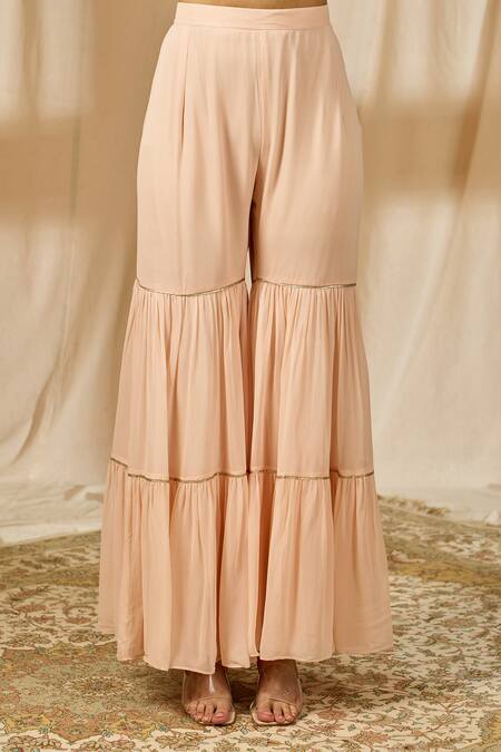 Shop_Aariyana Couture_Peach Georgette, Net Sequins, Embroidery Round Neck Kurta Set_Online_at_Aza_Fashions