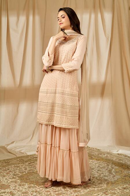 Aariyana Couture_Peach Georgette, Net Sequins, Embroidery Round Neck Kurta Set_at_Aza_Fashions