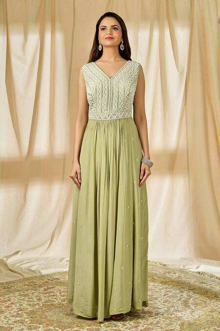 Aariyana Couture_Green Crepe, Net Embroidery V-neck Anarkali Palazzo Set_Online_at_Aza_Fashions