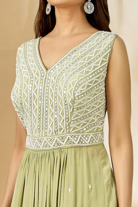 Buy_Aariyana Couture_Green Crepe, Net Embroidery V-neck Anarkali Palazzo Set_Online_at_Aza_Fashions