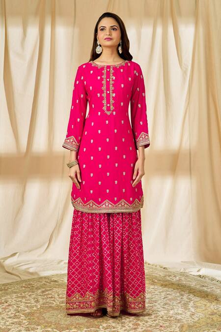 Aariyana Couture_Pink Chiffon Sequins, Embroidery Round Neck Lotus Kurta Sharara Set_Online_at_Aza_Fashions