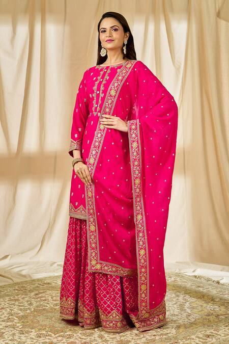 Shop_Aariyana Couture_Pink Chiffon Sequins, Embroidery Round Neck Lotus Kurta Sharara Set_Online_at_Aza_Fashions