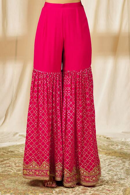 Aariyana Couture_Pink Chiffon Sequins, Embroidery Round Neck Lotus Kurta Sharara Set_at_Aza_Fashions