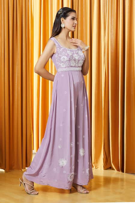 Shop_Alaya Advani_Purple Crepe Crystals, Sequins, Beads Round Floral Bouquet Embroidered Jumpsuit _Online_at_Aza_Fashions