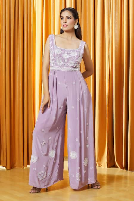 Shop_Alaya Advani_Purple Crepe Crystals, Sequins, Beads Round Floral Bouquet Embroidered Jumpsuit 
