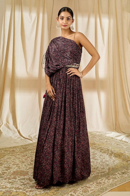 Shop_Aariyana Couture_Blue Crepe Sequins, Beads One Shoulder Floral Print Pleated Gown_Online_at_Aza_Fashions