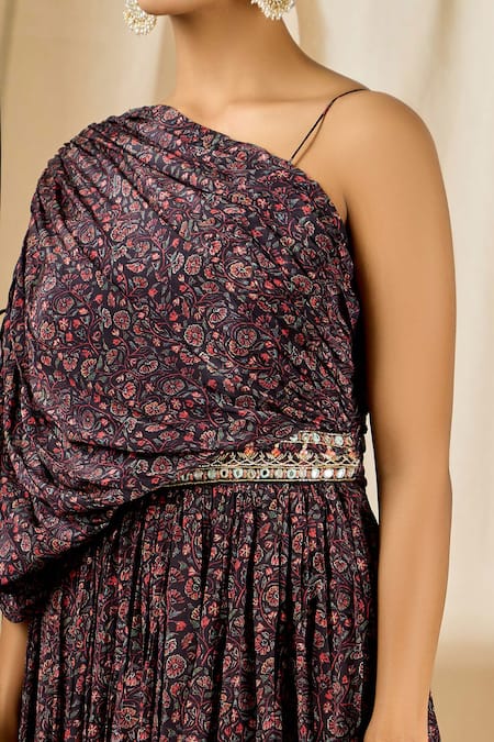 Aariyana Couture_Blue Crepe Sequins, Beads One Shoulder Floral Print Pleated Gown_at_Aza_Fashions