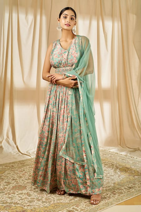 Aariyana Couture Blue Net, Crepe Embroidery V-neck Floral Print Anarkali With Dupatta