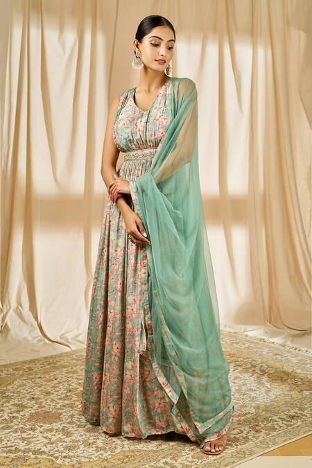 Aariyana Couture_Blue Net, Crepe Embroidery V-neck Floral Print Anarkali With Dupatta_Online_at_Aza_Fashions