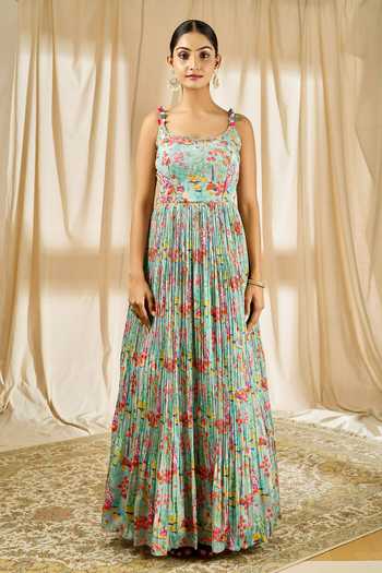 Aariyana Couture_Blue Net, Crepe Embroidery Square Floral Print Pleated Anarkali With Dupatta_Online_at_Aza_Fashions