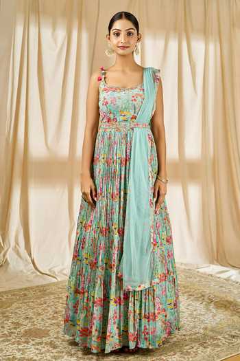 Buy_Aariyana Couture_Blue Net, Crepe Embroidery Square Floral Print Pleated Anarkali With Dupatta_Online_at_Aza_Fashions