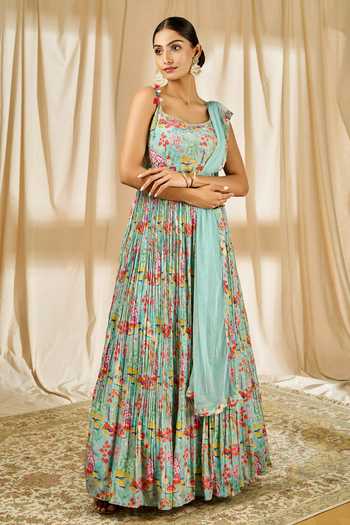 Shop_Aariyana Couture_Blue Net, Crepe Embroidery Square Floral Print Pleated Anarkali With Dupatta_Online_at_Aza_Fashions