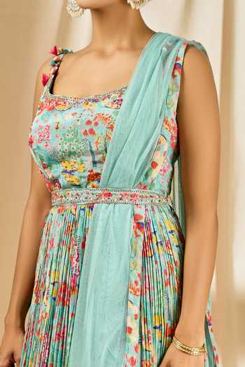 Aariyana Couture_Blue Net, Crepe Embroidery Square Floral Print Pleated Anarkali With Dupatta_at_Aza_Fashions