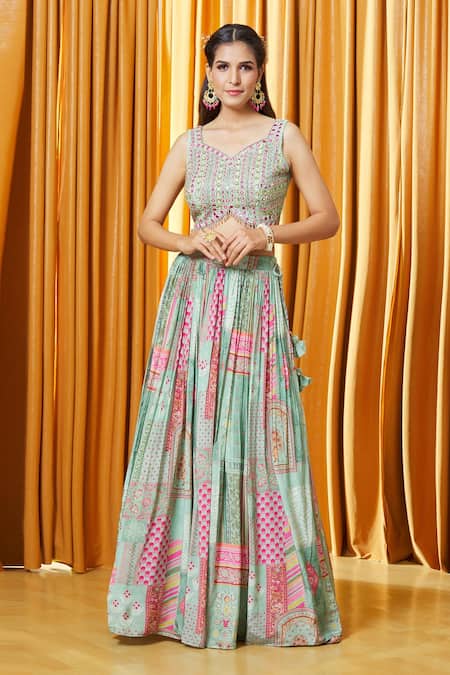 Aariyana Couture_Green Crepe, Silk, Net, Denim Tassels, Mosaic Print Lehenga Set With Choli_Online_at_Aza_Fashions