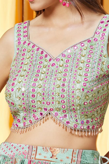 Aariyana Couture_Green Crepe, Silk, Net, Denim Tassels, Mosaic Print Lehenga Set With Choli_at_Aza_Fashions