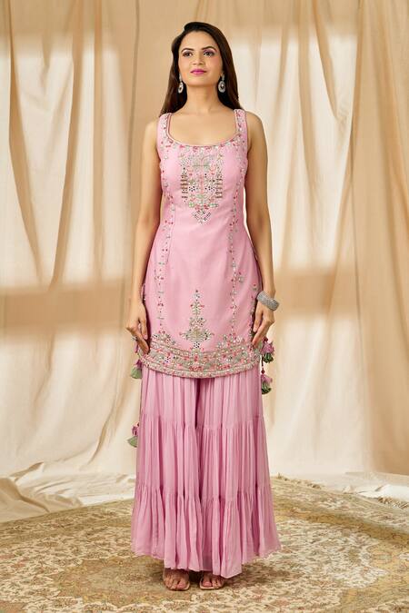 Aariyana Couture_Peach Chanderi, Georgette, Net Sequins, Beads, Cut Work, Kurta Sharara Set_Online_at_Aza_Fashions