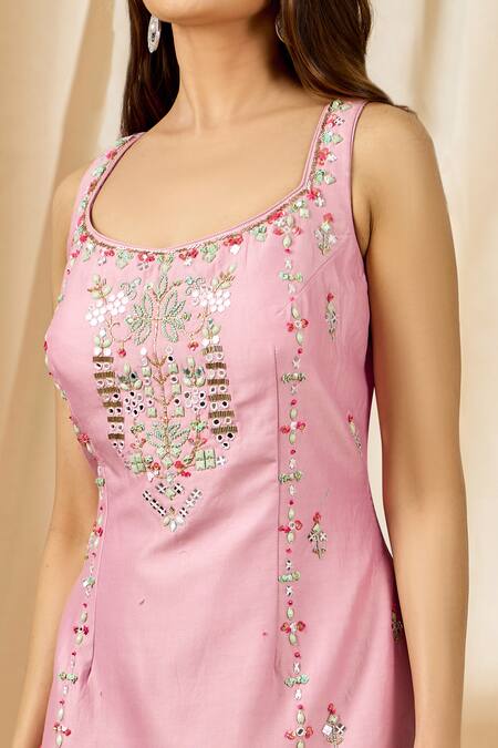 Shop_Aariyana Couture_Peach Chanderi, Georgette, Net Sequins, Beads, Cut Work, Kurta Sharara Set_Online_at_Aza_Fashions