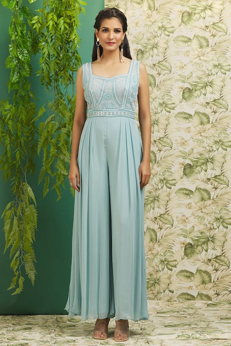 Buy Samyukta Singhania Blue Chanderi Beads, Mirrors Square Neck Embroidered Jumpsuit Buy_Samyukta Singhania_Blue Chanderi Beads, Mirrors Square Neck Embroidered Jumpsuit