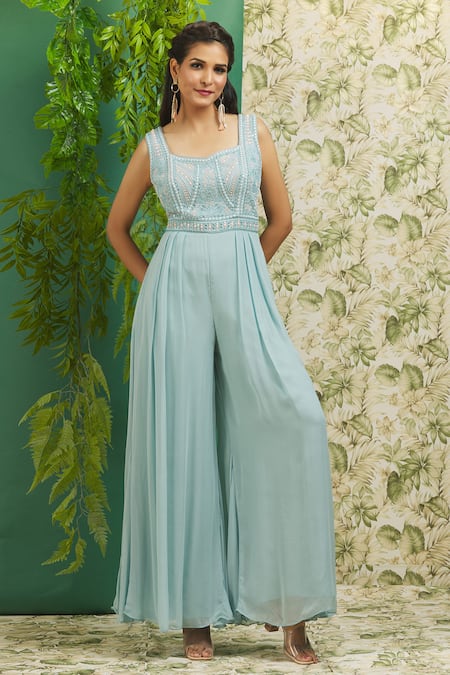 Shop Samyukta Singhania Blue Chanderi Beads, Mirrors Square Neck Embroidered Jumpsuit Online at Aza Fashions Shop_Samyukta Singhania_Blue Chanderi Beads, Mirrors Square Neck Embroidered Jumpsuit_Online_at_Aza_Fashions