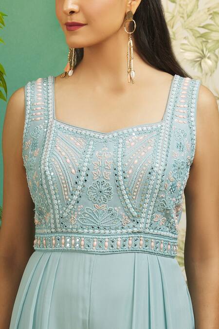 Samyukta Singhania Blue Chanderi Beads, Mirrors Square Neck Embroidered Jumpsuit at Aza Fashions Samyukta Singhania_Blue Chanderi Beads, Mirrors Square Neck Embroidered Jumpsuit_at_Aza_Fashions