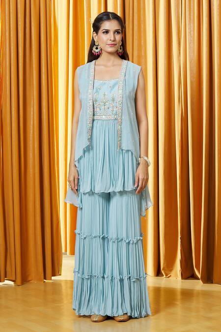 Aariyana Couture_Sky Blue Chanderi, Georgette Crystals, Peplum Kurta Set With Asymmetric Jacket_Online_at_Aza_Fashions
